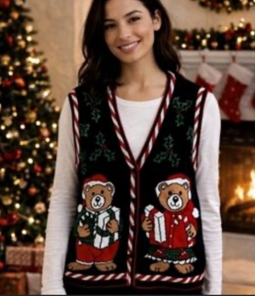 Holiday Time Christmas sweater Vest knitted Teddy Bears w/candy canes